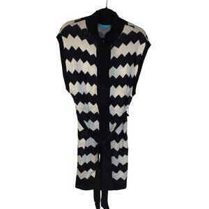 Alice + Olivia Longline Sweater Cardigan Sz M Black White Chevron Belted Casual